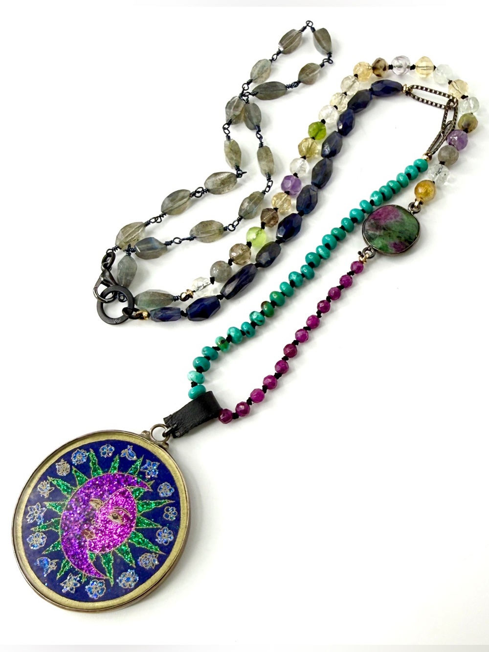 Iredescent Sun and Moon Celestial Pendant, Knotted Mix Gemstone Artisan Necklace
